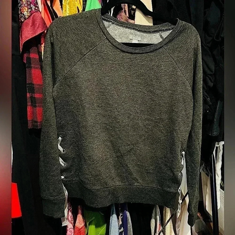 Gray Aerie Sweater with Satin Ribbon Ties on Sides